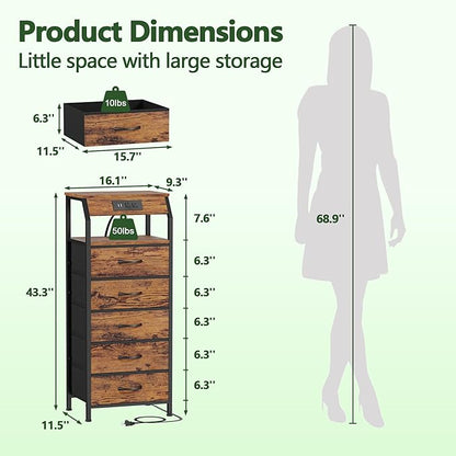Furnulem 5 Drawers Dresser with Charging Station, Tall Night Stand with Storage Shelf, Fabric Chest of Drawers, Bedside Table for Closet, Entryway, Bedroom Furniture, 3 Ways to Use, Rustic Brown