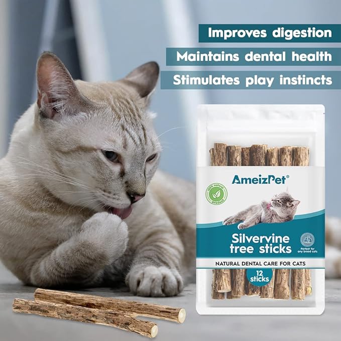 Catnip Sticks for Cats, Cat Dental Chew Sticks - Natural Matatabi Cats Dental Care, Silvervine Cat Teeth Cleaning (12 pcs)-Mewly Pet