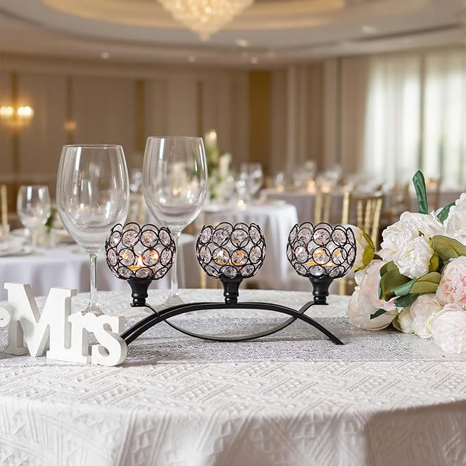 Crystal Tealight Candle Holder Centerpiece Home Decorative Candlestick Holder Elegant Table Centerpiece Home Decor Wedding Party Anniversary (Black, 3 Arm)