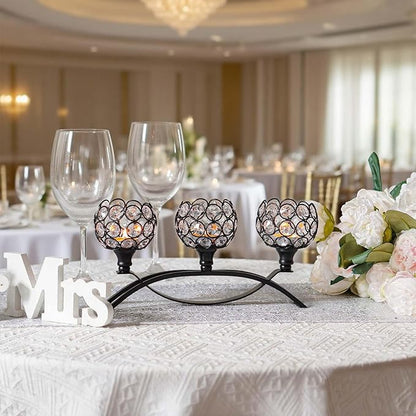 Crystal Tealight Candle Holder Centerpiece Home Decorative Candlestick Holder Elegant Table Centerpiece Home Decor Wedding Party Anniversary (Black, 3 Arm)