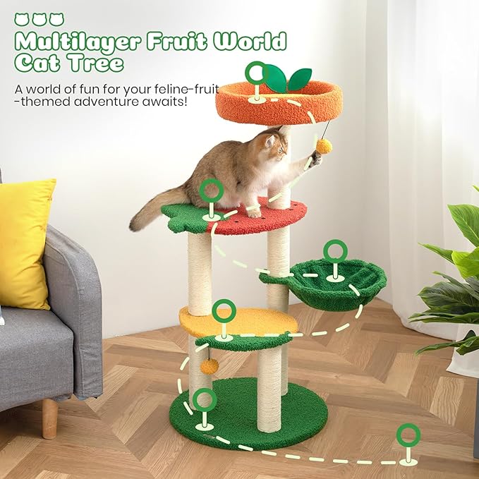 Happy & Polly Cute Cat Tree - 40.5" Fruit World Cat Tower for Indoor Cats, Cat Tree Condo with Sisal Scratching Posts, Cozy Hammock, Plush Strawberry Perches, Kitten Cat Trees Towers Activity Center-Mewly Pet