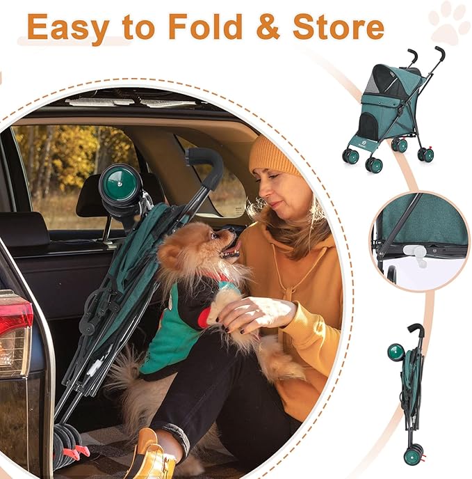 Umbrella Dog Stroller, 4 Wheels Pet Strolling, Foldable Carrier Pet Stroller for Small Dogs Cats, with Carrying Strap and Cup Holder, Dog Poop Bags & Dispenser, Up to 33 lbs, Dark Green-Mewly Pet