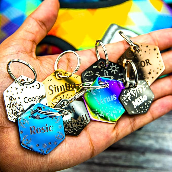 Personalized Dog Tag with 5 Lines of Custom Deep Engraved Durable Stainless Steel Pet ID Name Tag Designer Small Size Hexagon-Mewly Pet