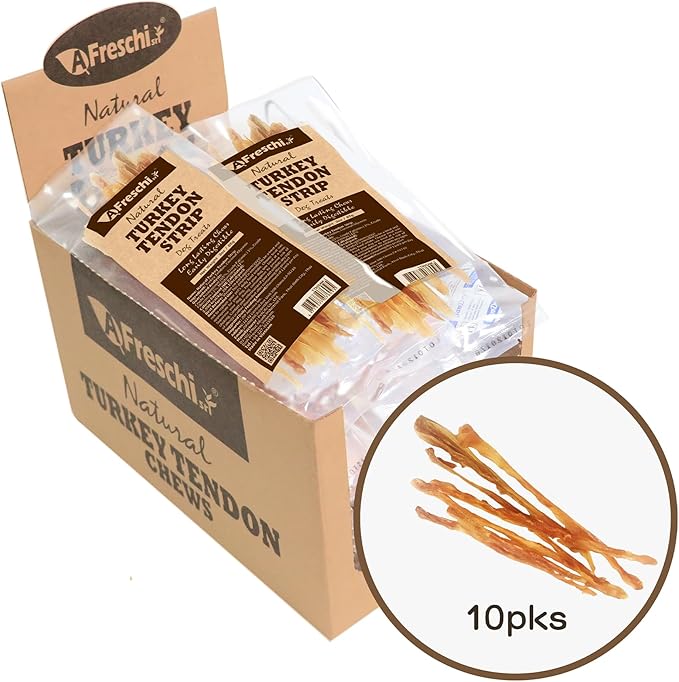 Afreschi Natural Turkey Tendon Strip 10 Units/Box, All Natural Human Grade Puppy Chew, USA-Sourced Turkey Tendon, Hypoallergenic, Easy to Digest, Rawhide Alternative-Mewly Pet