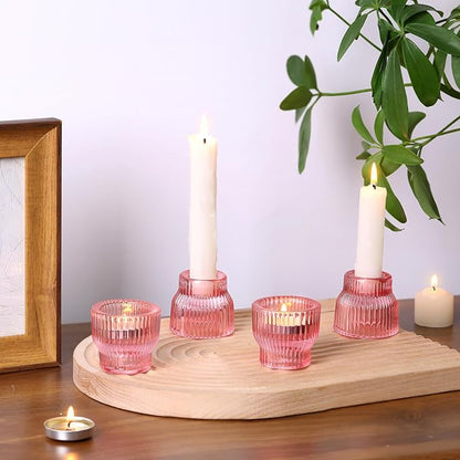 12pcs Pink Taper Candle Holders, Glass Candlestick Holders, Tea Light Candle Holder for Wedding Centerpieces Table Decorations, Votive Candle Holders for Baby Shower
