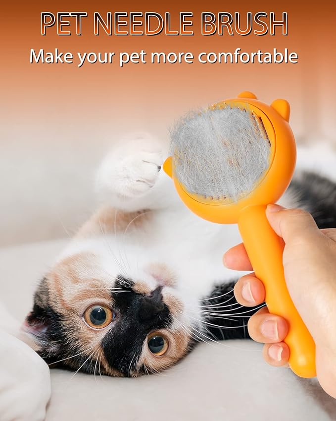 Self-Cleaning Dog & Cat Slicker Brush, Skin Friendly Deshedding Grooming Tool for Long or Short Haired Dogs Cats Rabbits, Dog Shedding Brush with Release Button - Pumpkin-Mewly Pet