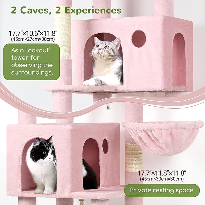 Globlazer Pink Cat Tree, 70 inch Tall Scratching Tower Multi-Level Cat Condo for Indoor Multiple Cats with 2 Large Cat Caves, Top Perch, Large Platform, Bottom Swing, F70B, Pink-Mewly Pet