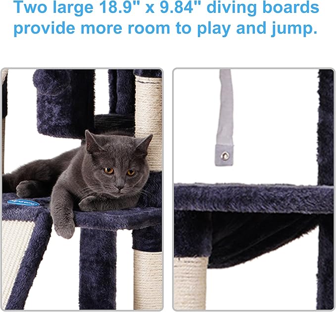 Hey-brother Cat Tree, 71 inches XL Large Cat Tower for Indoor Cats, Multi-Level Cat House with 3 Padded Perches, Big Scratcher, Cozy Basket, 2 Cat Condos and Scratching Posts, Smoky Gray MPJ034G-Mewly Pet