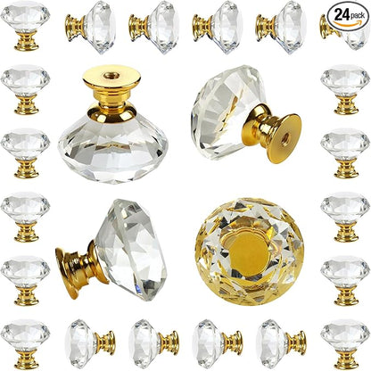 DEELF 24 Packs Kitchen Cabinet Knobs, 40 mm Crystal Cabinet Knobs, Diamond Dresser Handle Drawer Pulls, Dresser Knobs for Cabinets and Drawers, Gold Base