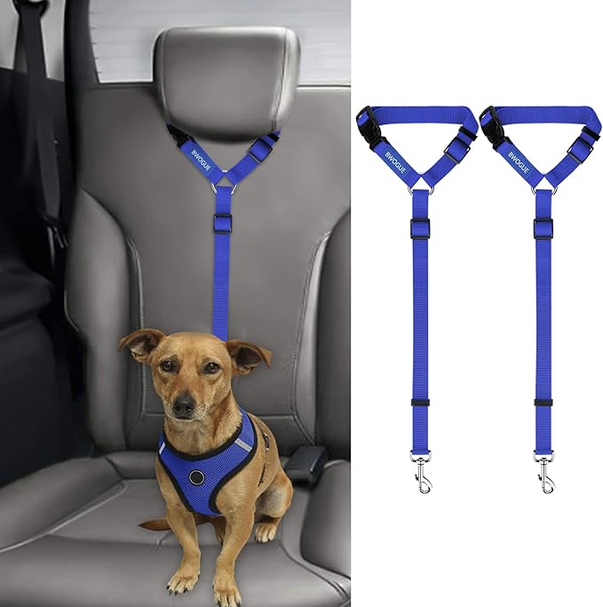 BWOGUE 2 Packs Dog Cat Safety Seat Belt Strap Car Headrest Restraint Adjustable Nylon Fabric Dog Restraints Vehicle Seatbelts Harness Dark Blue-Mewly Pet