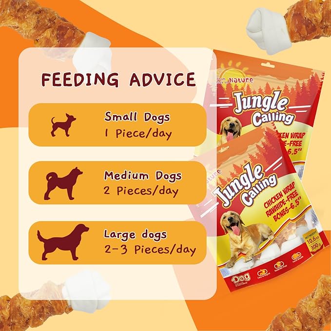 Jungle Calling Rawhide Free Dog Bones, 6.5" Real Chicken Wrapped Dog Chew Bones for Medium and Large Dogs Training Treats-Mewly Pet