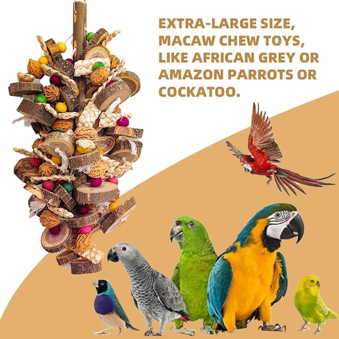 Extra Large Bird Parrot Toys- 21.7 inch Multicolored Natural Wooden Walnut Parrot Chewing Toy Suggested for Macaws cokatoos, African Grey and a Variety of Amazon Parrots. (Large Size)-Mewly Pet