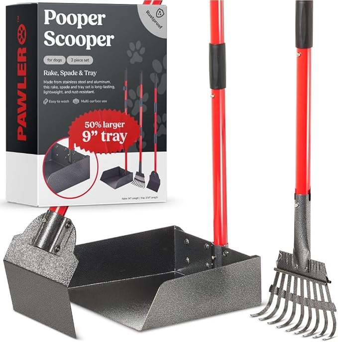 Pooper Scooper for Large Dogs, Small Dogs and Horses, Metal Poop Scooper Set with Long Handle Rake, Spade and Tray for Yard, Grass, Dirt or Gravel, Heavy Duty Aluminum Poop Picker Upper-Mewly Pet
