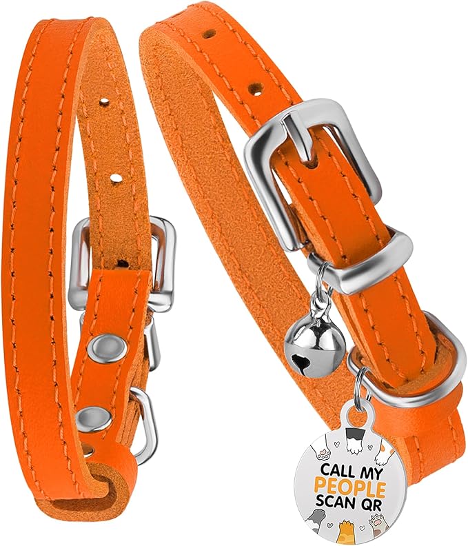 BRONZEDOG Leather Cat Collar with Removable Bells Non Breakaway Kitten QR Tag for Girl Boy (9" - 12" Cats/Mini Dogs, Orange & Silver)-Mewly Pet