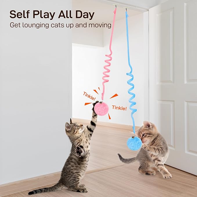Potaroma Hanging Fluffy Cat Catnip Ball Toys 3 Pcs with Bell, Interactive Cat Teaser Retractable Toys Indoor Kitten Play Chase Exercise Physical Stimulation-Mewly Pet