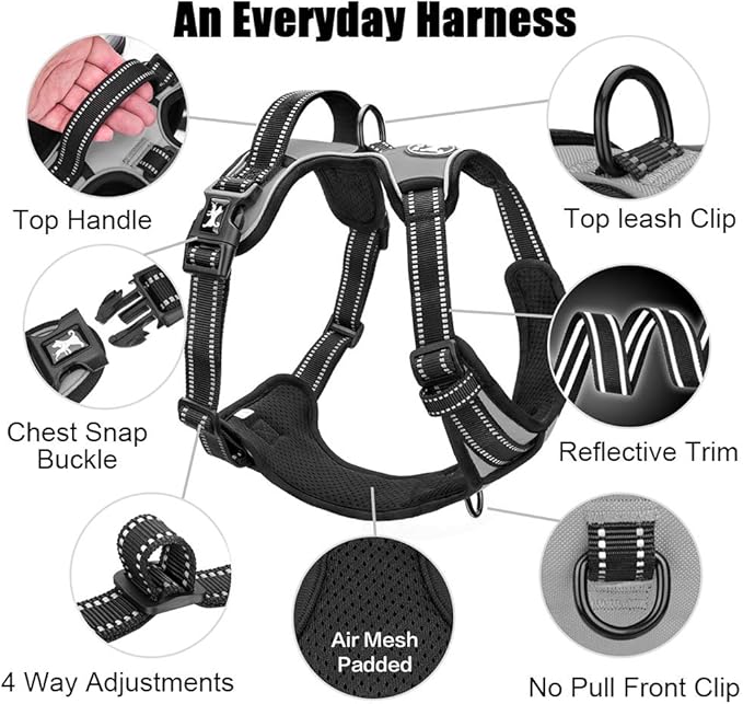 PoyPet No Pull Dog Harness, Reflective Comfortable Vest Harness with Front & Back 2 Leash Attachments and Easy Control Handle Adjustable Soft Padded Pet Vest for Small to Large Dogs (Gray,L)-Mewly Pet