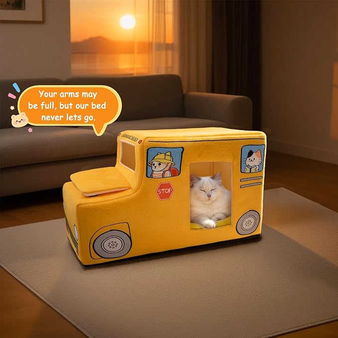 Cute Cat Beds Kitten Beds, Soft Small Dog Beds, Washable Pet Beds for Puppy and Kitty, Funny School Bus Cat Cave, 23 Inches-Mewly Pet
