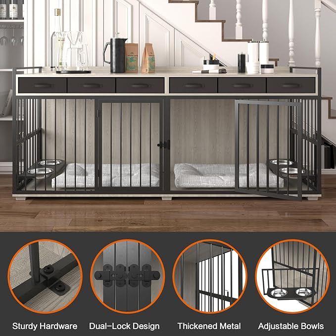 86.6inch Dog Crate Furniture with Storage,Furniture Style TV Stand Dog Kennel for 2 Dogs,with 6 Drawers,Removable Divider&Adjustable Bowls,Heavy Duty Metal Chew-Resistant Dog Crate Furniture-Mewly Pet