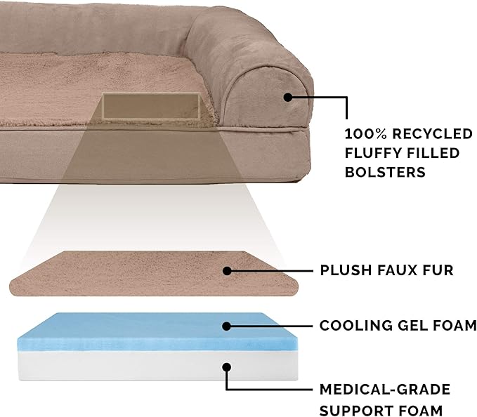 Furhaven Cooling Gel Dog Bed for Large Dogs w/ Removable Bolsters & Washable Cover, For Dogs Up to 125 lbs - Plush & Suede Sofa - Almondine, Jumbo Plus/XXL-Mewly Pet