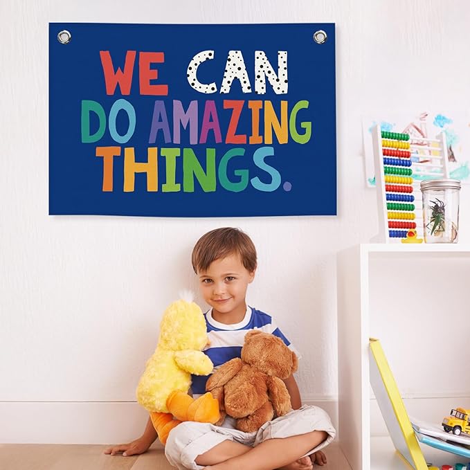 We Can Do Amazing Things Kids Banner Canvas, Classroom Blue Toddler Room Decor, Inspirational Hanging Flag Sign, Nursery Wall Tapestry Art for Playroom School Counseling Office Boy 20x30in