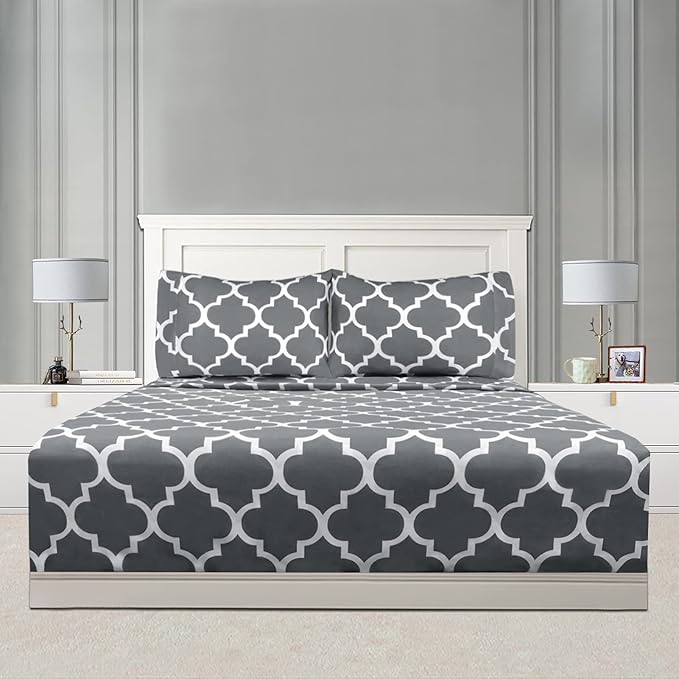 Mejoroom Queen Bed Sheet Set - Super Soft Brushed Microfiber 1800 Thread Count Queen Sheets with 16 inch Deep Pocket - Wrinkle Free - 4 Piece(Queen, Gray Quatrefoil with White Pattern)