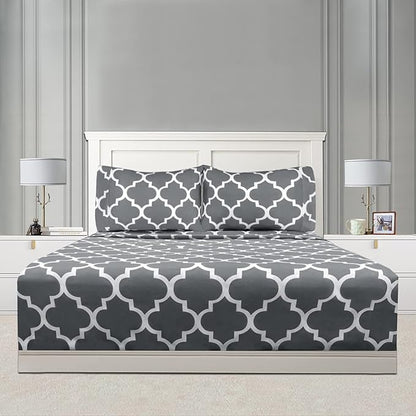 Mejoroom Queen Bed Sheet Set - Super Soft Brushed Microfiber 1800 Thread Count Queen Sheets with 16 inch Deep Pocket - Wrinkle Free - 4 Piece(Queen, Gray Quatrefoil with White Pattern)