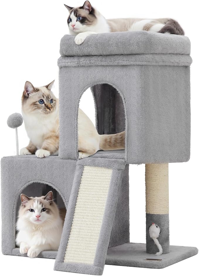 24inch Tall cat Tree with 2 cat condo and Mouse Toy Cozy Small cat Tower with Scratching Post and Board for Kitties and Small Cats.（Light Grey）-Mewly Pet