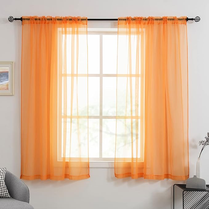 HUTO Orange Sheer Curtains 54 inches Long for Bedroom Top Rod Pocket Sheer Window Panels Curtains for Nursery Living Room 52 by 54 Inch Length Set of 2