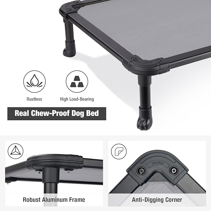 Veehoo Chew Proof Elevated Dog Bed - Cooling Raised Pet Cot - Rustless Aluminum Frame and Durable Textilene Mesh, Unique Designed No-Slip Feet for Indoor or Outdoor Use, Grey, X-Large, CWC2002-Mewly Pet
