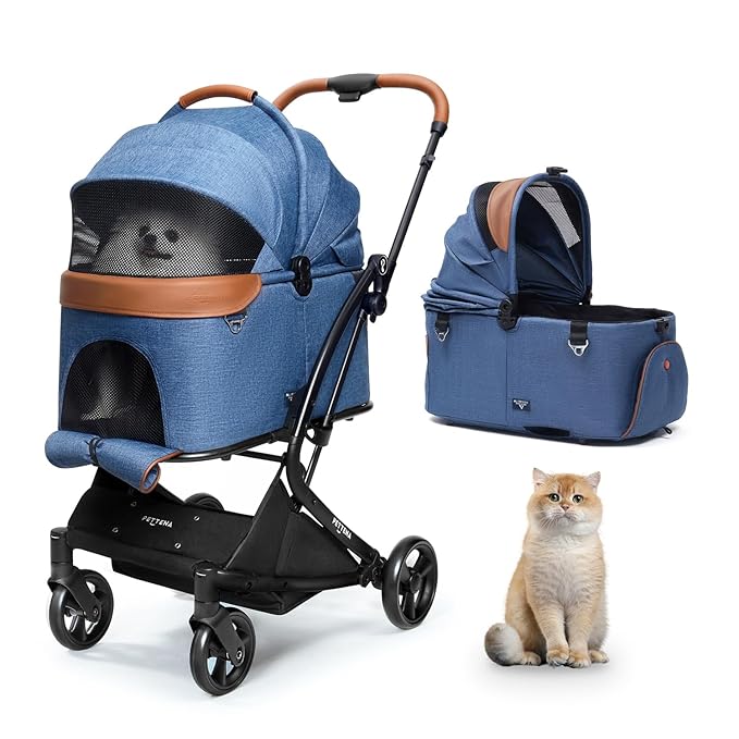 X-Fold Dog Stroller for Small/Medium Dogs up to 55 Lbs, Premium 3 in 1 Pet Stroller, Large All-Terrain Rubber Wheels, Navy Blue-Mewly Pet