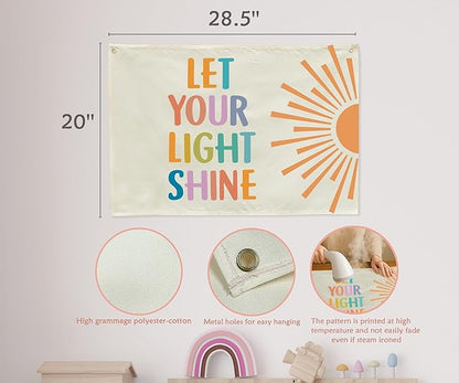 Nursery Rectangular Canvas Banner Flag Wall Sign Decor for Baby Boy Girl Kids-Nursery Baby Room Above Crib Bedroom Playroom Reading Room Decor-Baby Shower Birthday Christmas Gift-Let Your Light Shine