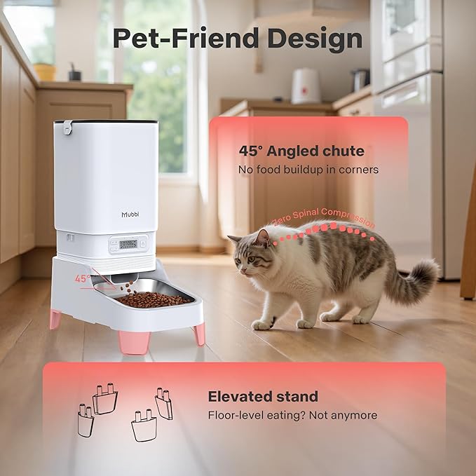 Automatic Cat Feeders, 7L/29 Cups Automatic Dog Feeder, Cat Food Dispenser, No-Jam Rotor, Up to 6 Meals for 2-15 mm Dry Food, with Elevated Stand, Stainless Steel Bowl-Mewly Pet