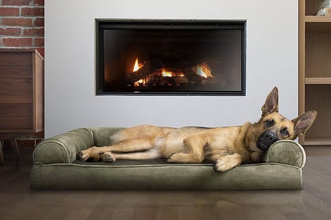 Furhaven Orthopedic Dog Bed for Large Dogs w/ Removable Bolsters & Washable Cover, For Dogs Up to 95 lbs - Faux Fur & Velvet Sofa - Dark Sage, Jumbo/XL-Mewly Pet