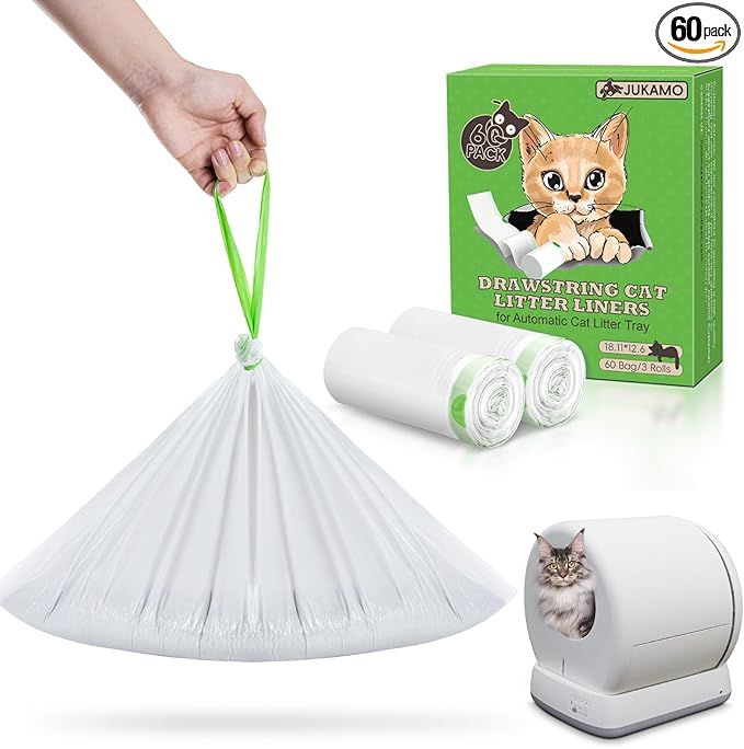 60 Pack Cat Litter Box Liners for Meo Want SC01, MW-SC02, MW-LR01,1.5 Mil Thick Drawstring Heavy Duty Leak-proof Disposable Smart Self-Cleaning Litter Box Robot Waste Drawer Trash Bags 18" x 12.6"-Mewly Pet