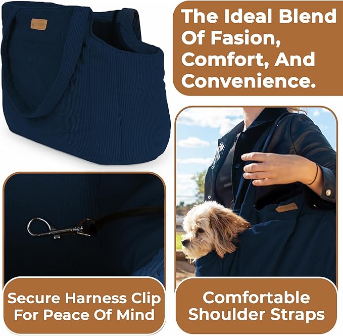 Corduroy Dog Carrier - Lightweight Cotton Soft-Sided Pet Tote with Safety Harness Clip - Breathable Travel Carrier for Small Dogs and Puppies (Dark Blue)-Mewly Pet