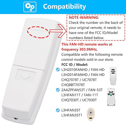 Fan-HD Ceiling Fan Remote Control Replacement for Hampton Bay Hunter, 303.9MHz Light Dimmer w/ 3-Speed, Replace for UC7078T CHQ7078T CHQ8BT7078T L3H2014FANHD L3H2010FANHD HD5(Remote Only)