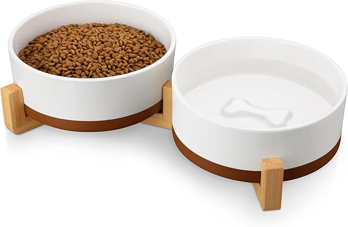 MALACASA Dog Bowls, Ceramic Dogs Bowls with Wood Stand Non-Slip, 6 Cups or 58 oz Capacity Dog Water Food Bowl Glaze Matte Weighted Non-Slip Pet Bowl for Large Dogs (L-6 Cups)-Mewly Pet