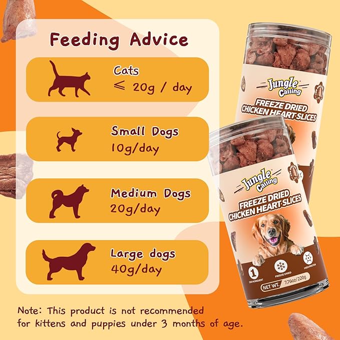 Jungle Calling Cat Treats & Dog Snacks, Freeze Dried Chicken Hearts Halves for Cats & Dogs, Single Ingredient Organ Meat, High Protein Pet Training Treats & Food Topper, 7.76 oz-Mewly Pet