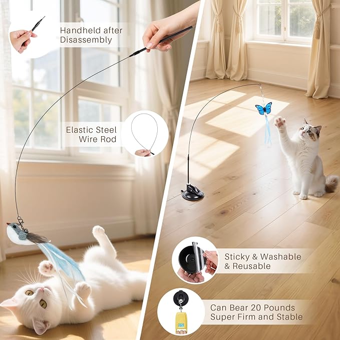 HONGDDY Interactive Bird Simulation Cat Toys，4 in 1 Cat Toys for Indoor Cats, 4 Replacement Birds，Hanging Door Kitten Wand with Suction Cup Removable Feathers Balls Mice Butterfly Streamers-Mewly Pet