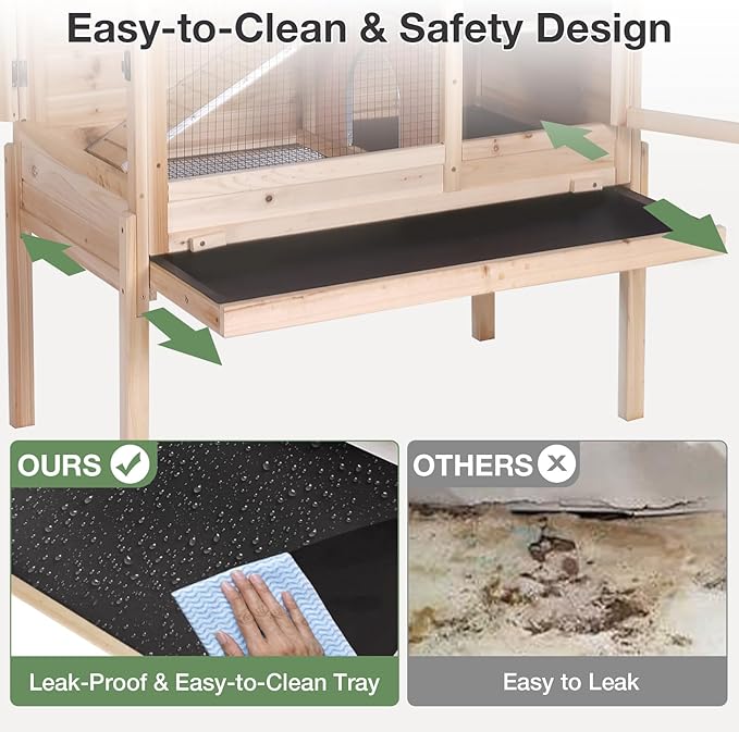 Guinea Pig Cage with Wooden Stand - Hamster Cage, Small Animal Cage Anti Chew Ramp, Hideout, Platform, Pull Out Tray (Wood, L)-Mewly Pet