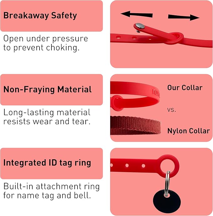 Cat Collar 2 Pack - Soft, Comfortable, and Lightweight Safety Breakaway Collar with Name Tag Ring for Outdoor Cats and Sensitive Skin Kittens by Nuvuq (6 ⅞" to 10 ¼", Red)-Mewly Pet