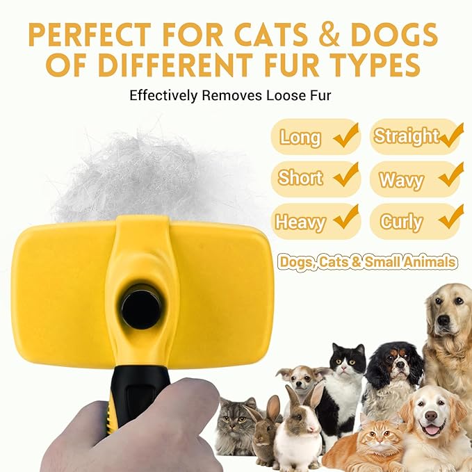 Large Self Cleaning Deshedding Brush for Dogs & Cats - One Button Hair Release Grooming Tool, Gentle Massage Brush for Long and Short Hair (Yellow)-Mewly Pet