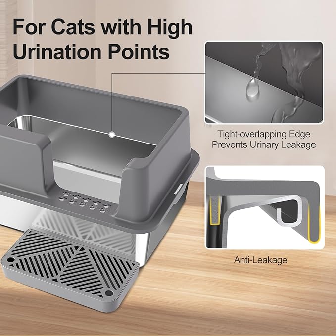 Sousia Stainless Steel Litter Box - Cat Litter Box Enclosure with Lid, High Side Large Cat Litter Tray Easy Cleaning Anti-Leakage with Litter Scoop and High Wall Sides Enclosure for Big Cats-Mewly Pet