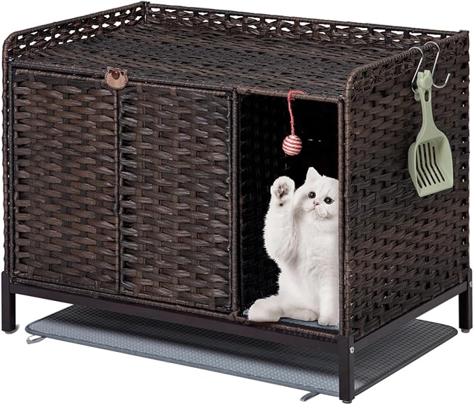 Cat Litter Box Enclosure Furniture with Divider, Handwoven Rattan Litter Box with Mat, 31.2 x 19.6 x 24.2 Inches, Metal Heightened Feet, Hidden Cat House for Living Room, Bedroom (Brown)-Mewly Pet