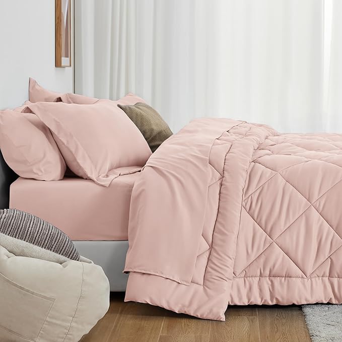 Love's cabin Twin Comforter Set Pink, 5 Pieces Twin Bed in a Bag, All Season Bedding Sets with 1 Comforter, 1 Flat Sheet, 1 Fitted Sheet, 1 Pillowcase and 1 Pillow Sham