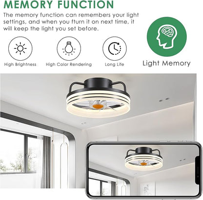 Ceiling Fans with Lights and Remote - Flush Mount Low Profile Ceiling Fans - 13” Bladeless Enclosed Ceiling Fans with Led Light and Stepless Dimming, Small Modern Ceiling Fan for Bedroom