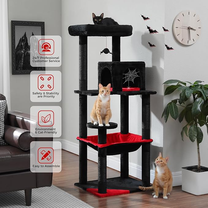 PETEPELA 56.3" Gothic Cat Tree for Indoor Cats, Tall Cat Tower with Super Large Hammock (20"X16"), Sisal Covered Scratching Posts, Cozy Condo and Top Perch Black-Mewly Pet