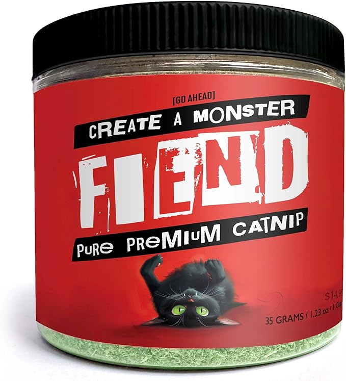 Fiend Catnip Safety-Cut 100% Pure Potent Fine Cat Nip for Cats & Kittens – Ultra Potent, North American – 1 Cup (34.5g) Canister – Go Ahead, Create a Monster!-Mewly Pet