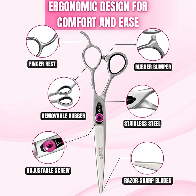 Kenchii Love Dog Grooming Scissors, 7 Inch Straight Shears, Dog Scissors for Grooming, Professional Pet Grooming Scissors, Ergonomic & Comfortable-Mewly Pet