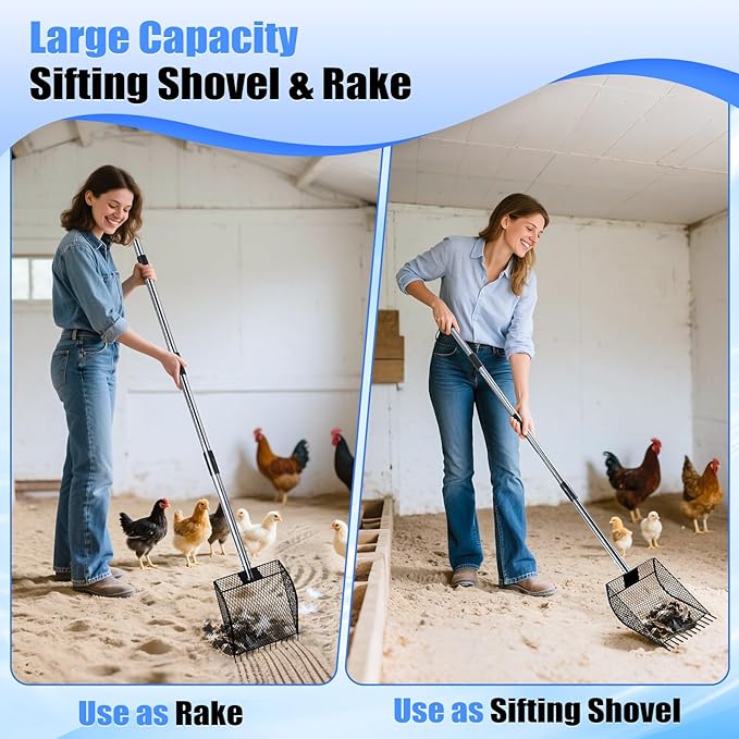 CAROD Chicken Poop Scooper & Rake 2-in-1, Metal Chicken Coop Scoop for Poop with 24 to 68" Adjustable Stainless Steel Handle, Litter Scooper Sand Sifting Shovel Chicken Coops/Animals House-Mewly Pet